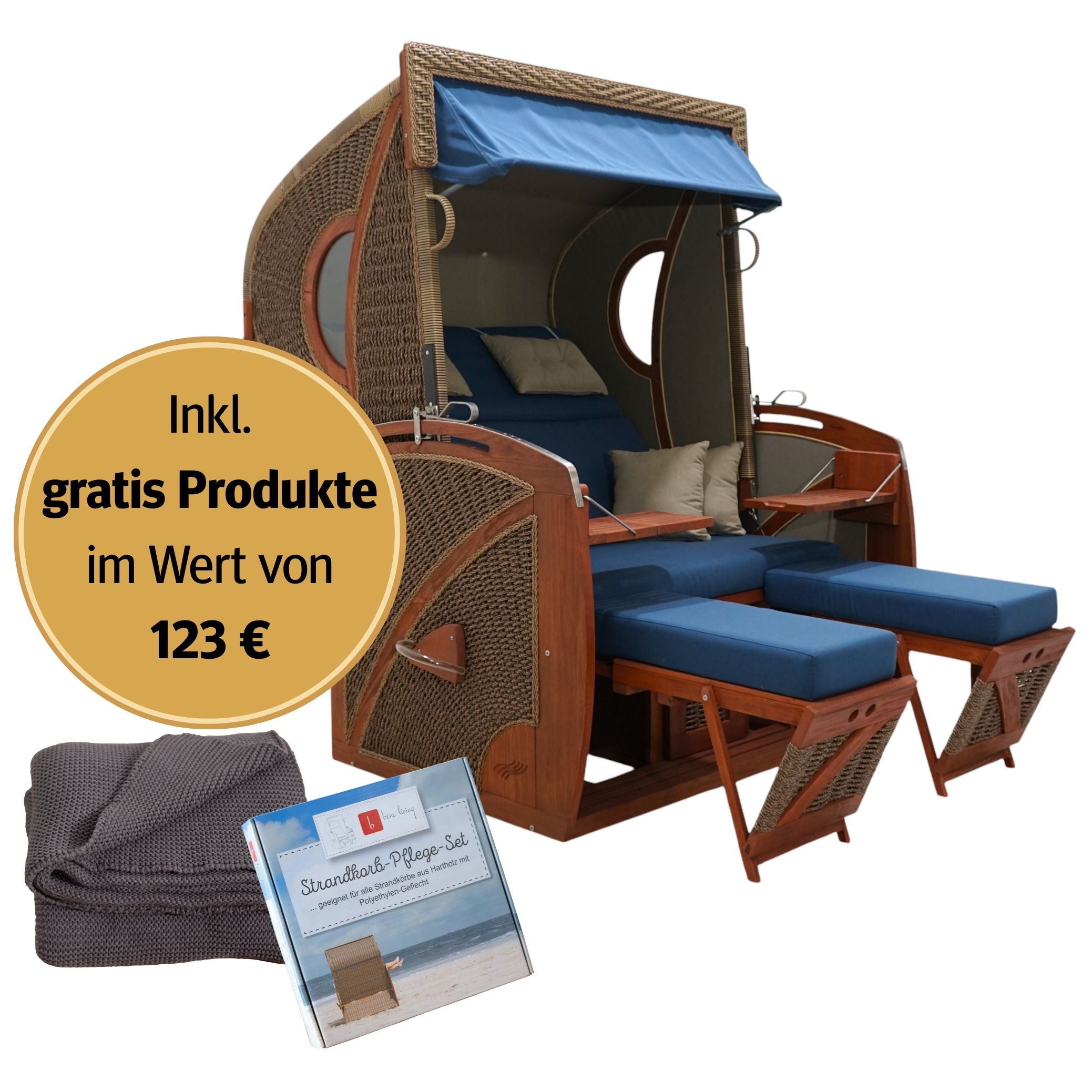 Strandkorb 2-Sitzer Komplettset | Pinienholz – Vollmatrose limitierte Sonderedition
