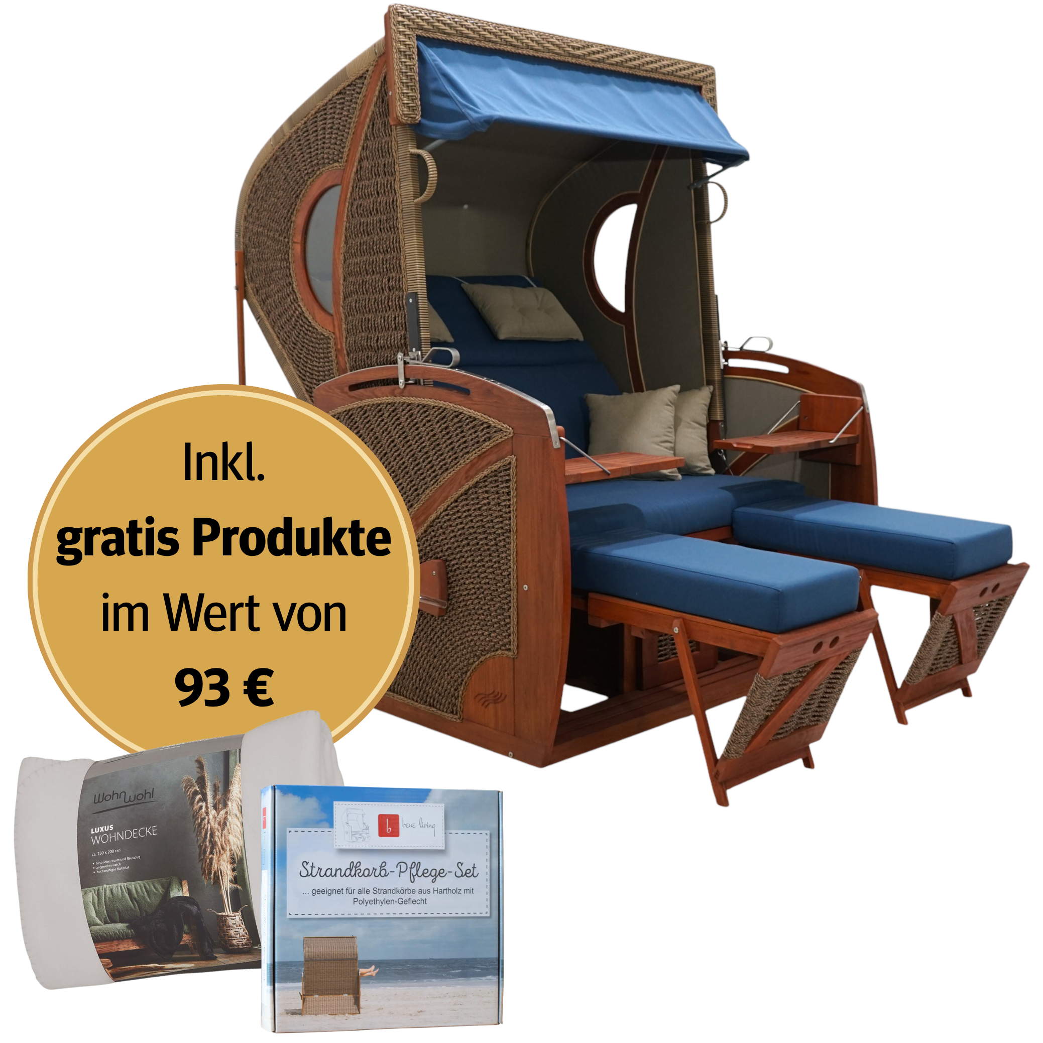 Strandkorb 2-Sitzer Komplettset | Pinienholz – Vollmatrose limitierte Sonderedition