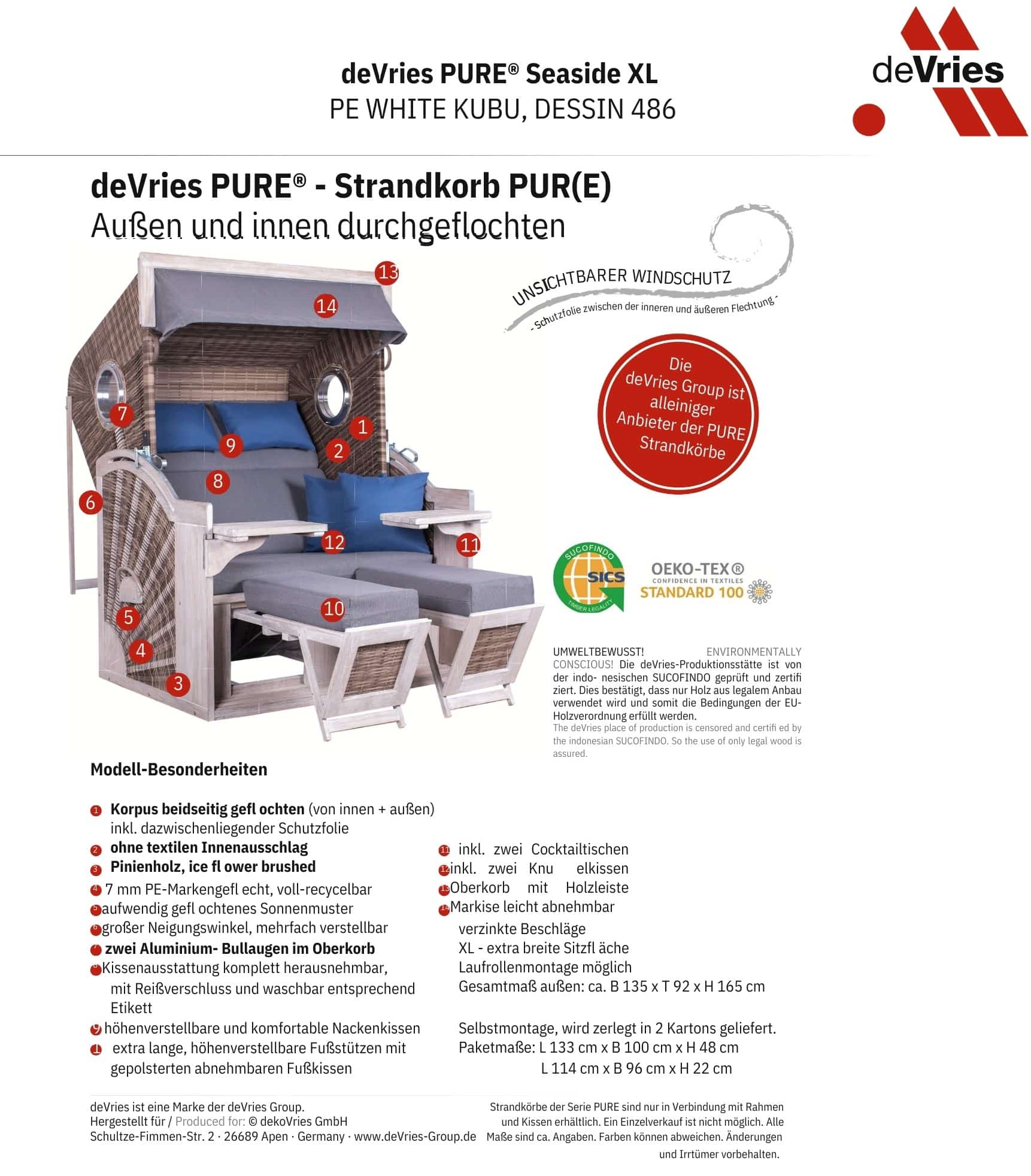 Strandkorb deVries PURE® SEASIDE XL aus Pinienholz - 2-Sitzer